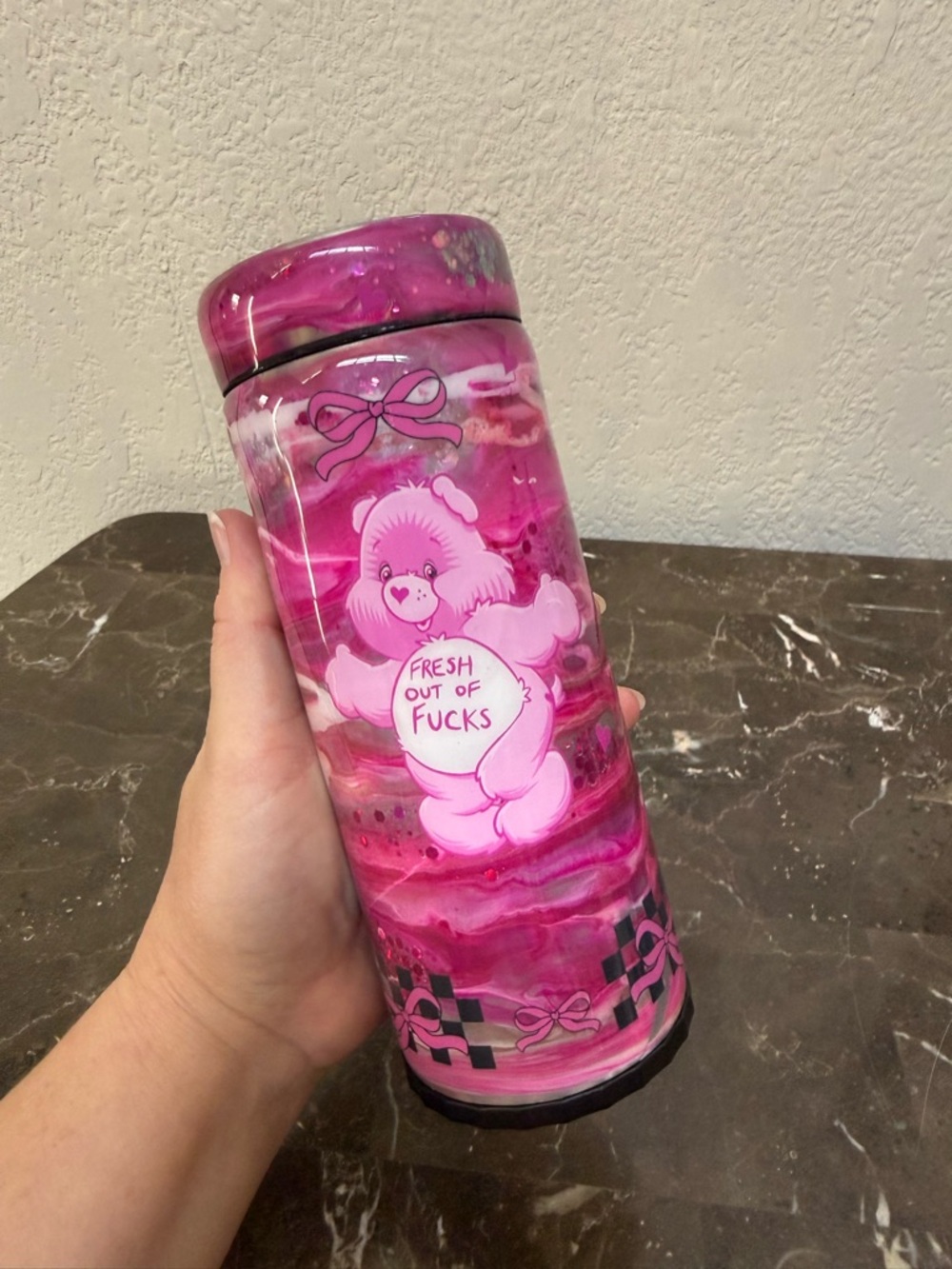 Care Bears Swear Fresh Out of Fuks 12 oz Skinny Can Cooler Handmade Pink Marble